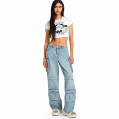 Women's Multiple Pockets Cargo Jeans Styled Full Length Baggy Fit Light Blue Denim - Eizaro