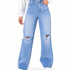 Eizaro Light Blue Ripped Wide Leg Jeans Front View 100% Pure Denim High Waist India
