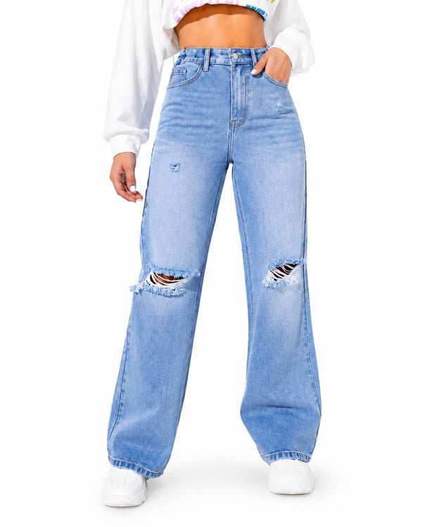 Eizaro Light Blue Ripped Wide Leg Jeans Front View 100% Pure Denim High Waist India