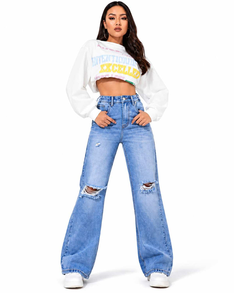 Eizaro Light Blue Ripped Wide Leg Jeans Full Length High Waist Street Style India