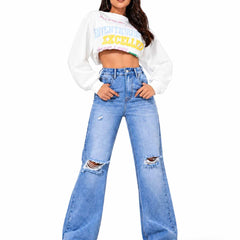 Eizaro Light Blue Ripped Wide Leg Jeans Full Length High Waist Street Style India