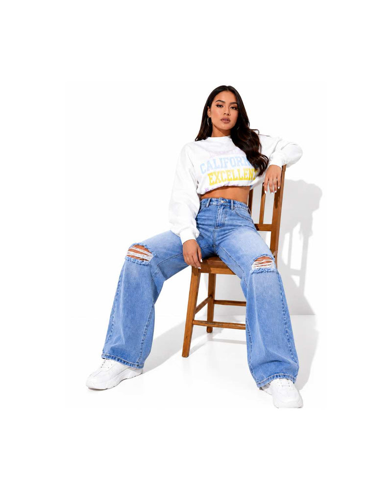 Eizaro Light Blue Ripped Wide Leg Jeans Lifestyle Pose Distressed Denim Women India