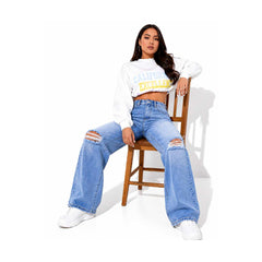 Eizaro Light Blue Ripped Wide Leg Jeans Lifestyle Pose Distressed Denim Women India