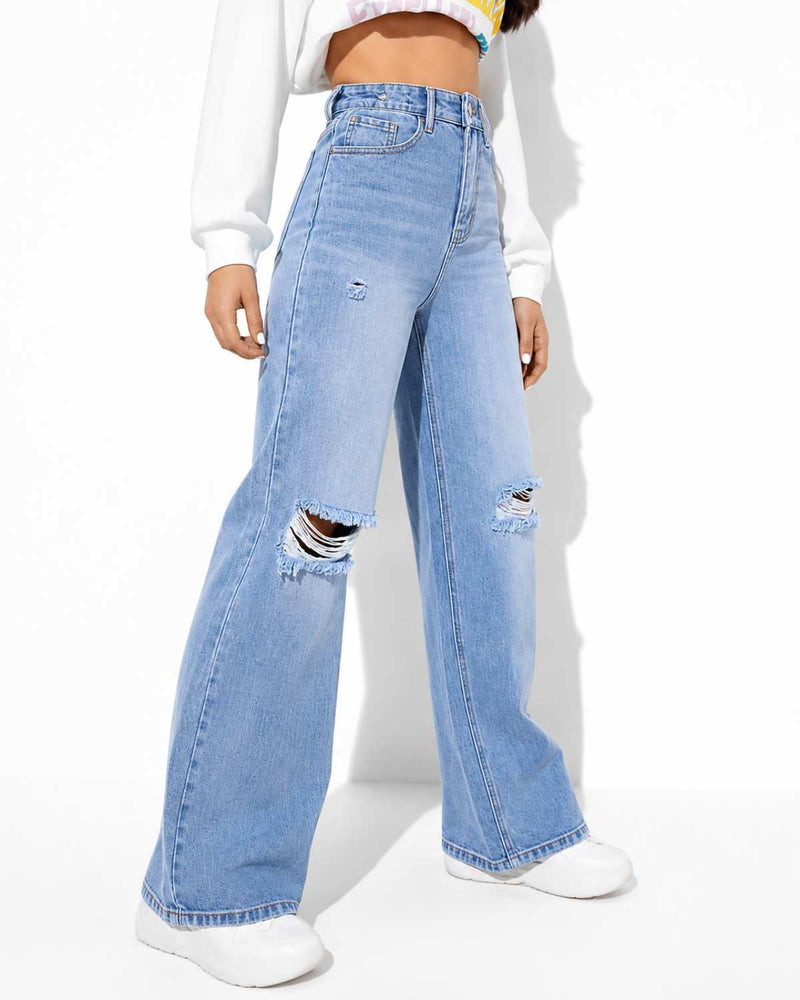 Eizaro Light Blue Ripped Wide Leg Jeans Torn Knee Detail Pure Denim Women India