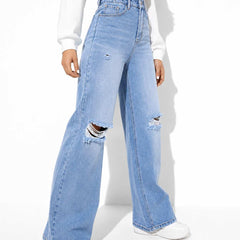 Eizaro Light Blue Ripped Wide Leg Jeans Torn Knee Detail Pure Denim Women India