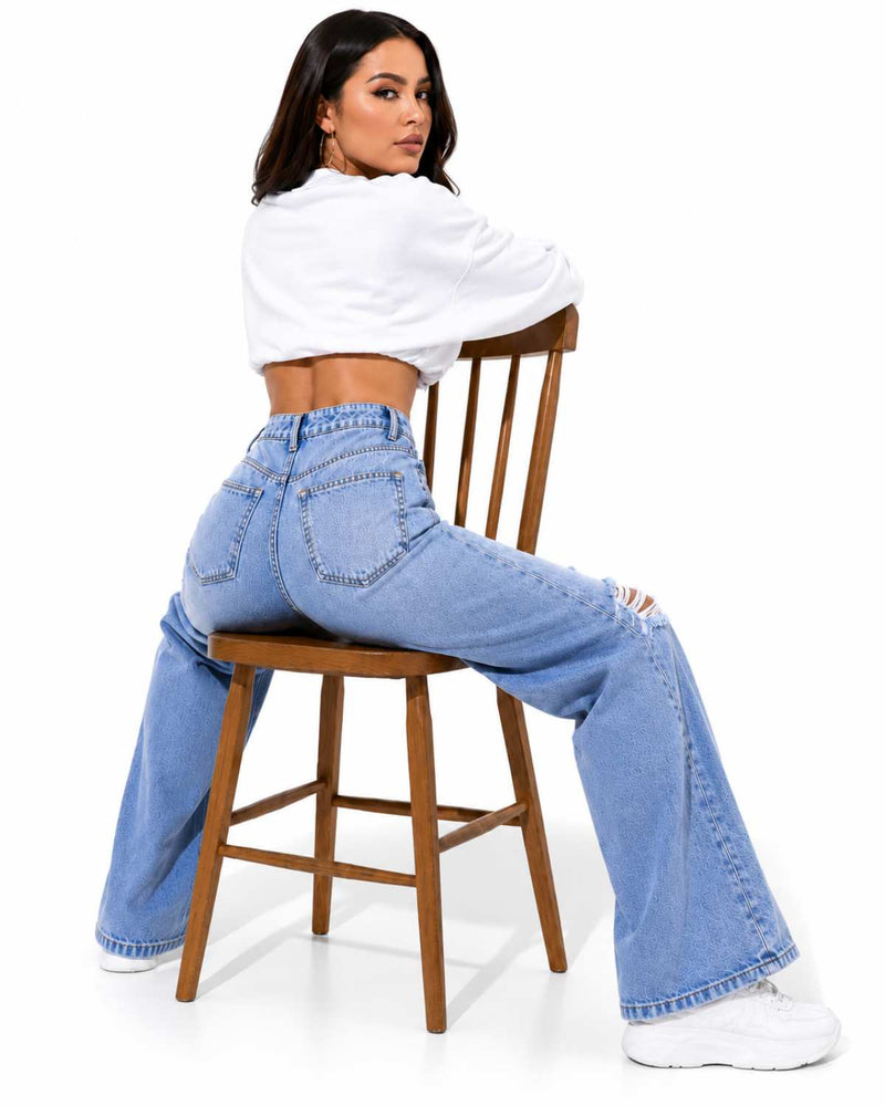 Eizaro Light Blue Ripped Wide Leg Jeans Side Seated Casual Street Style Women India