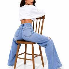 Eizaro Light Blue Ripped Wide Leg Jeans Side Seated Casual Street Style Women India
