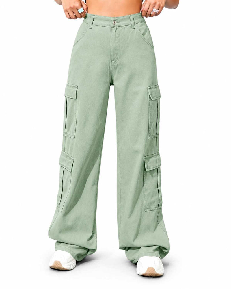 Eizaro Sage Green 8 Pocket Cargo Wide Leg Jeans Front View 100% Pure Denim Women India