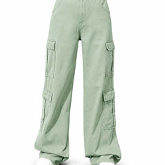 Eizaro Sage Green 8 Pocket Cargo Wide Leg Jeans Front View 100% Pure Denim Women India