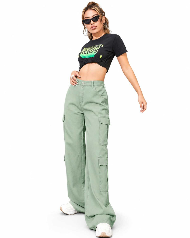 Eizaro Sage Green 8 Pocket Cargo Wide Leg Jeans Full Length Street Style Women India