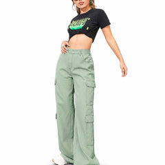 Eizaro Sage Green 8 Pocket Cargo Wide Leg Jeans Full Length Street Style Women India