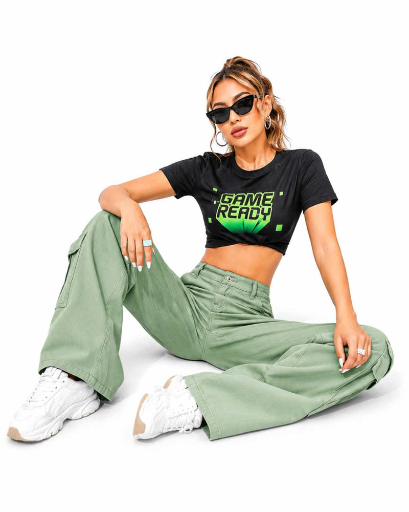 Eizaro Sage Green 8 Pocket Cargo Wide Leg Jeans Seated Lifestyle Casual Women India