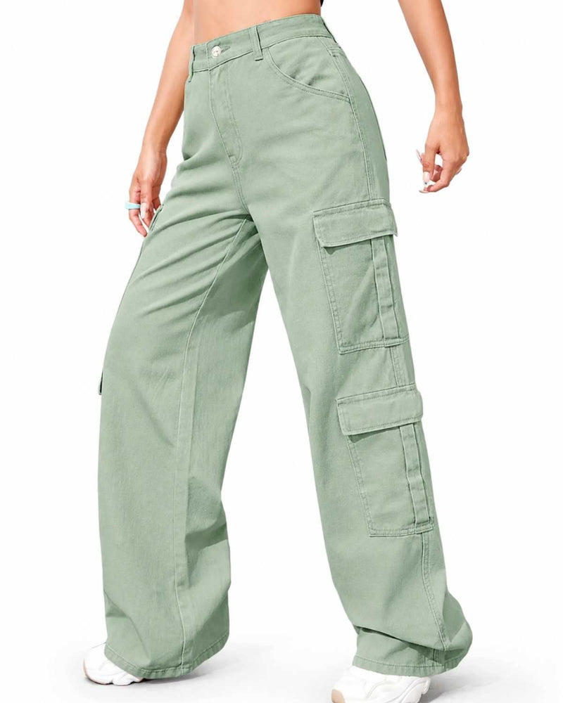 Eizaro Sage Green 8 Pocket Cargo Wide Leg Jeans Large Pocket Detail Women India