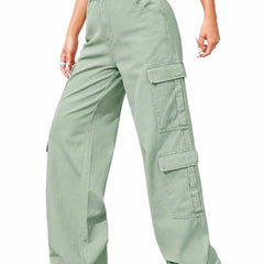Eizaro Sage Green 8 Pocket Cargo Wide Leg Jeans Large Pocket Detail Women India