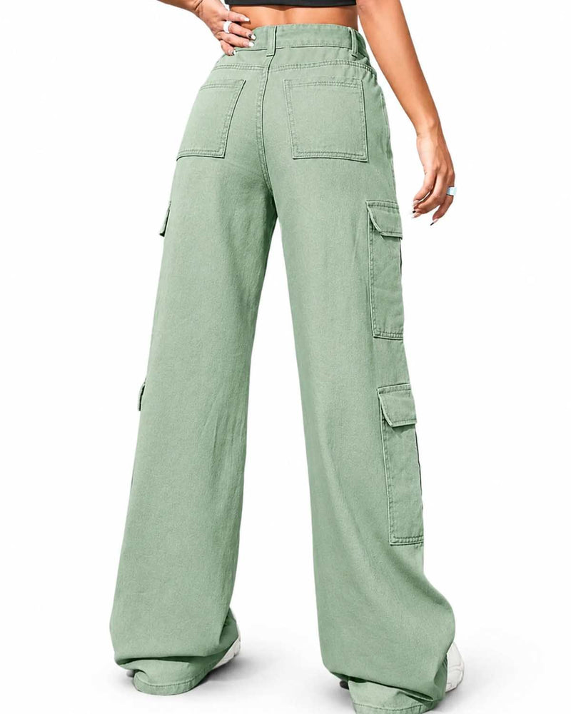Eizaro Sage Green 8 Pocket Cargo Wide Leg Jeans Side Angle Full Length Pure Denim India