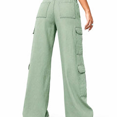 Eizaro Sage Green 8 Pocket Cargo Wide Leg Jeans Side Angle Full Length Pure Denim India