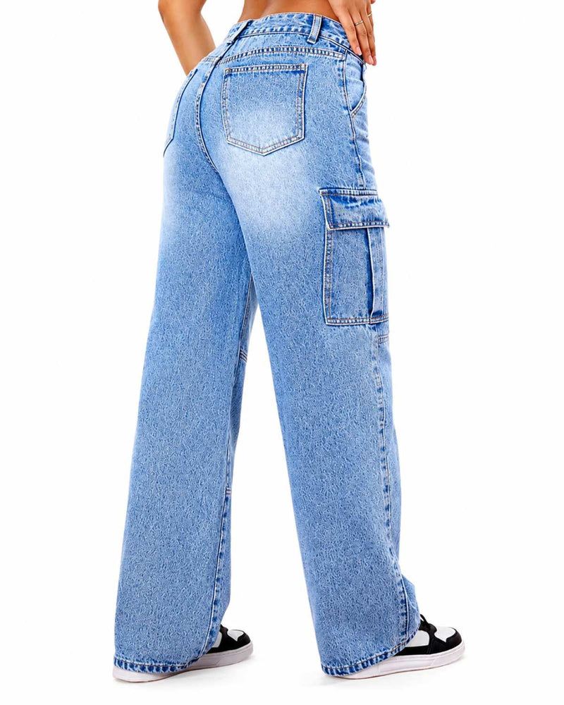 Eizaro Light Blue Whisker Wash Cargo Jeans Back View 41 Inch High Waist Pure Denim Women