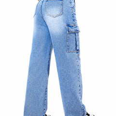 Eizaro Light Blue Whisker Wash Cargo Jeans Back View 41 Inch High Waist Pure Denim Women