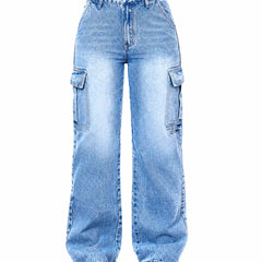 Eizaro Light Blue Whisker Wash Cargo Jeans Front View 100% Pure Denim High Waist India