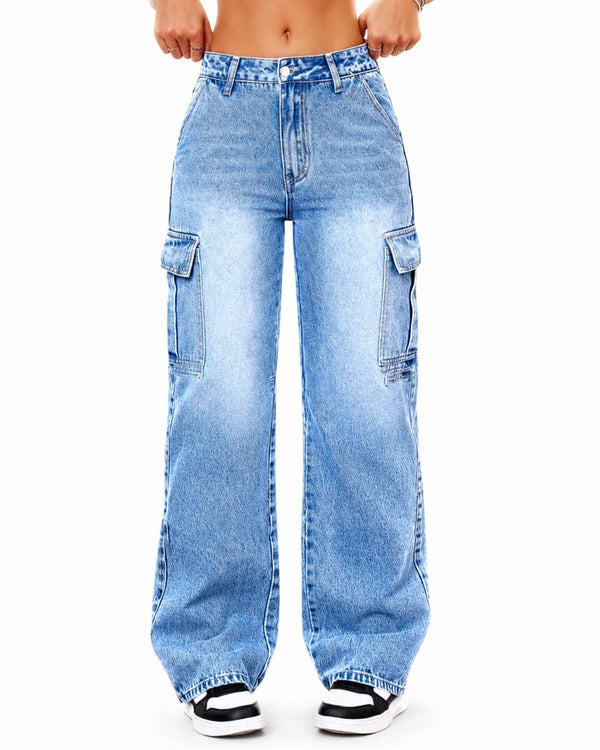 Eizaro Light Blue Whisker Wash Cargo Jeans Front View 100% Pure Denim High Waist India