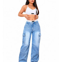 Eizaro Light Blue Whisker Wash Cargo Jeans Full Length Side Angle Wide Leg Women India