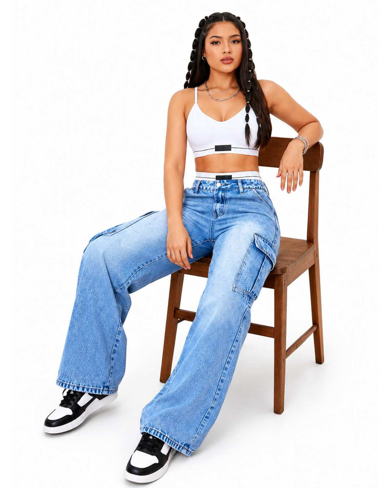 Eizaro Light Blue Whisker Wash Cargo Jeans Seated Lifestyle Pure Denim Women India