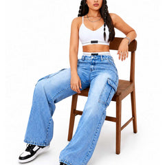 Eizaro Light Blue Whisker Wash Cargo Jeans Seated Lifestyle Pure Denim Women India