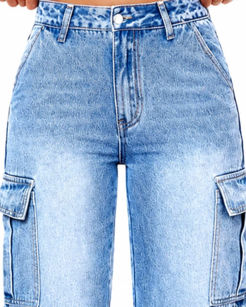 Eizaro Light Blue Whisker Wash Cargo Jeans Large Pocket Detail Women Pure Denim India