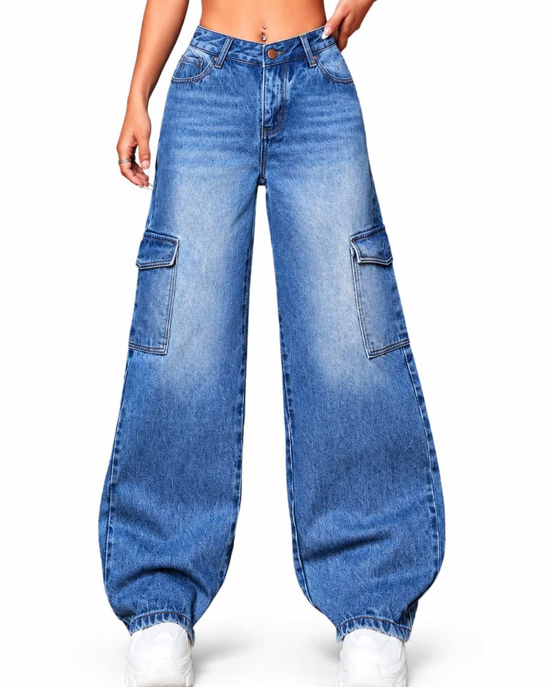 Eizaro Mid Blue Whisker Wash Cargo Jeans Front View 100% Pure Denim High Waist India