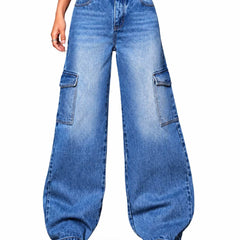 Eizaro Mid Blue Whisker Wash Cargo Jeans Front View 100% Pure Denim High Waist India