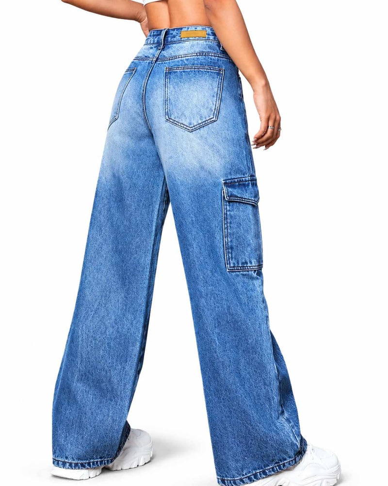 Eizaro Mid Blue Whisker Wash Cargo Jeans Large Pocket Whisker Detail Women India