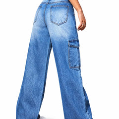 Eizaro Mid Blue Whisker Wash Cargo Jeans Large Pocket Whisker Detail Women India