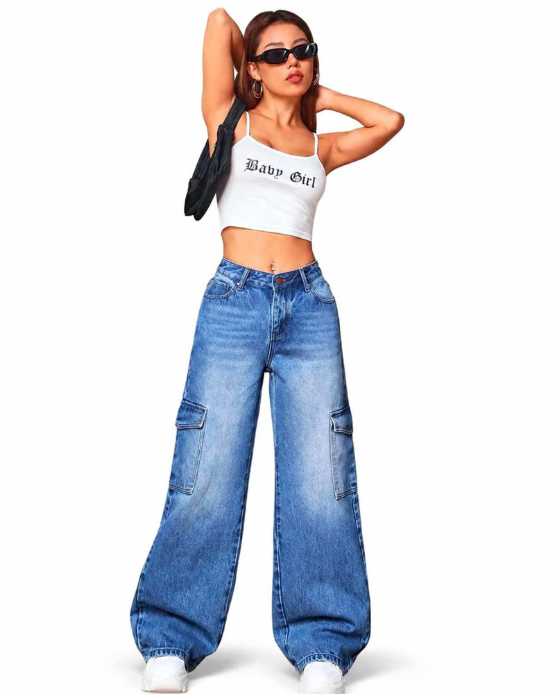 Eizaro Mid Blue Whisker Wash Cargo Jeans Side View 41 Inch High Waist Women India