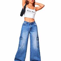 Eizaro Mid Blue Whisker Wash Cargo Jeans Side View 41 Inch High Waist Women India
