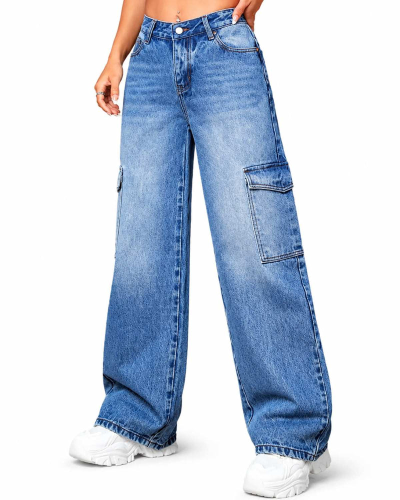 Eizaro Mid Blue Whisker Wash Cargo Jeans Side Angle Wide Leg Pure Denim Women India