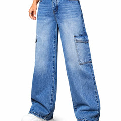 Eizaro Mid Blue Whisker Wash Cargo Jeans Side Angle Wide Leg Pure Denim Women India
