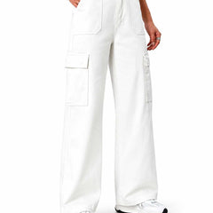 Eizaro White 6 Pocket Cargo Wide Leg Jeans Front View 100% Pure Denim High Waist India