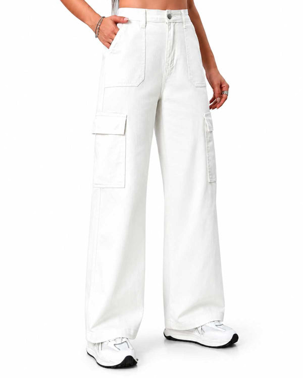 Eizaro White 6 Pocket Cargo Wide Leg Jeans Front View 100% Pure Denim High Waist India