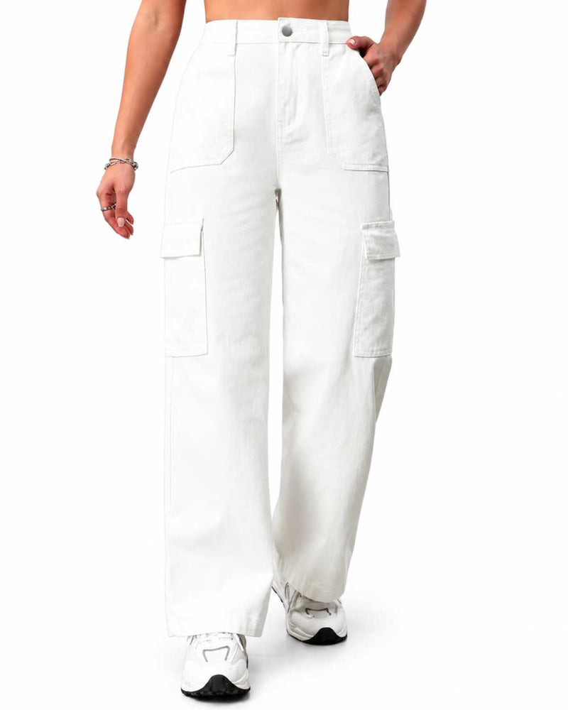 Eizaro White 6 Pocket Cargo Wide Leg Jeans Flap Pocket Detail High Waist Women India
