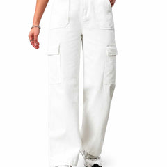 Eizaro White 6 Pocket Cargo Wide Leg Jeans Flap Pocket Detail High Waist Women India