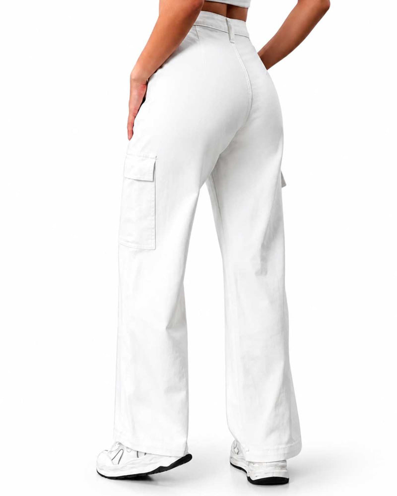 Eizaro White 6 Pocket Cargo Wide Leg Jeans Side Angle Full Length Pure Denim Women India