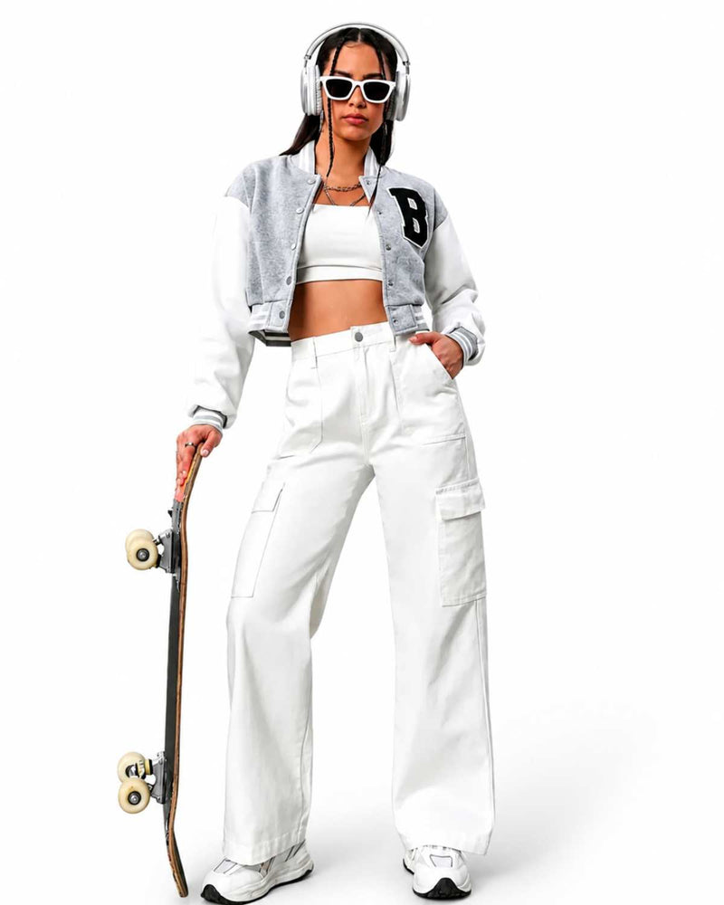 Eizaro White 6 Pocket Cargo Wide Leg Jeans Street Style Pure Denim Women India