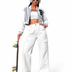 Eizaro White 6 Pocket Cargo Wide Leg Jeans Street Style Pure Denim Women India