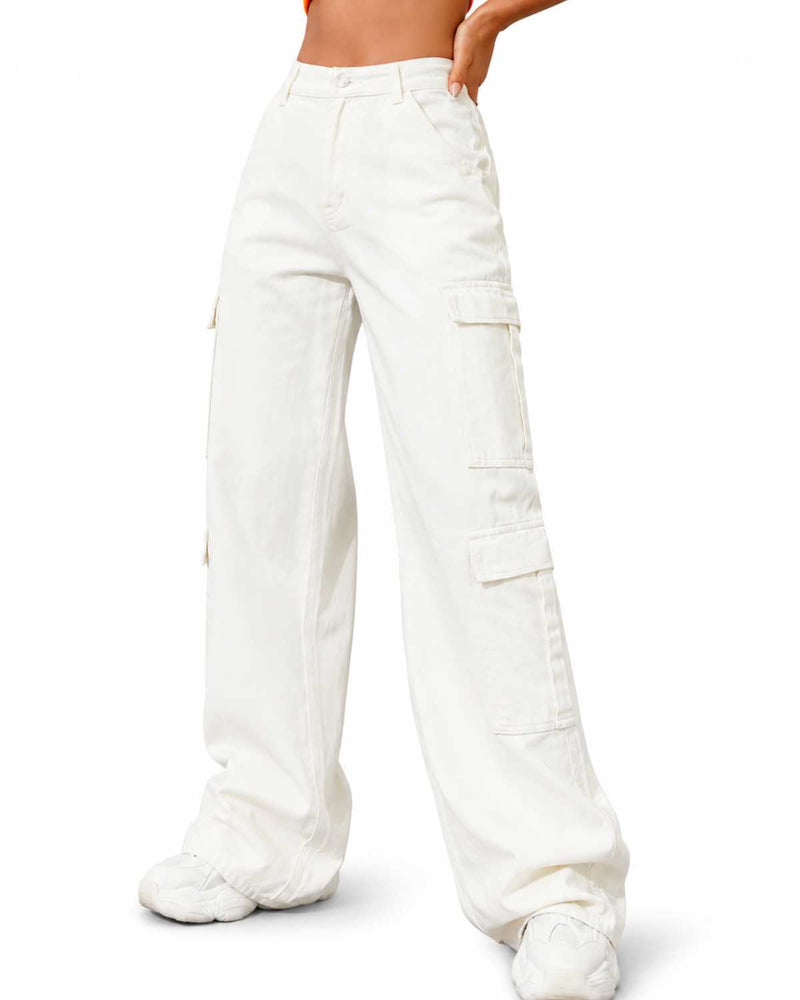 Eizaro White Oversized Cargo Wide Leg Jeans Front View 100% Pure Denim High Waist India