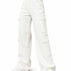 Eizaro White Oversized Cargo Wide Leg Jeans Front View 100% Pure Denim High Waist India