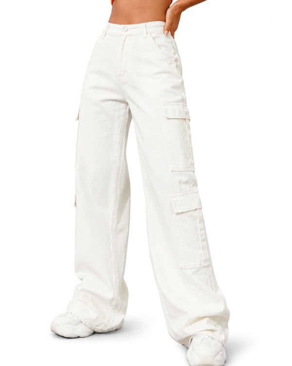 Eizaro White Oversized Cargo Wide Leg Jeans Front View 100% Pure Denim High Waist India
