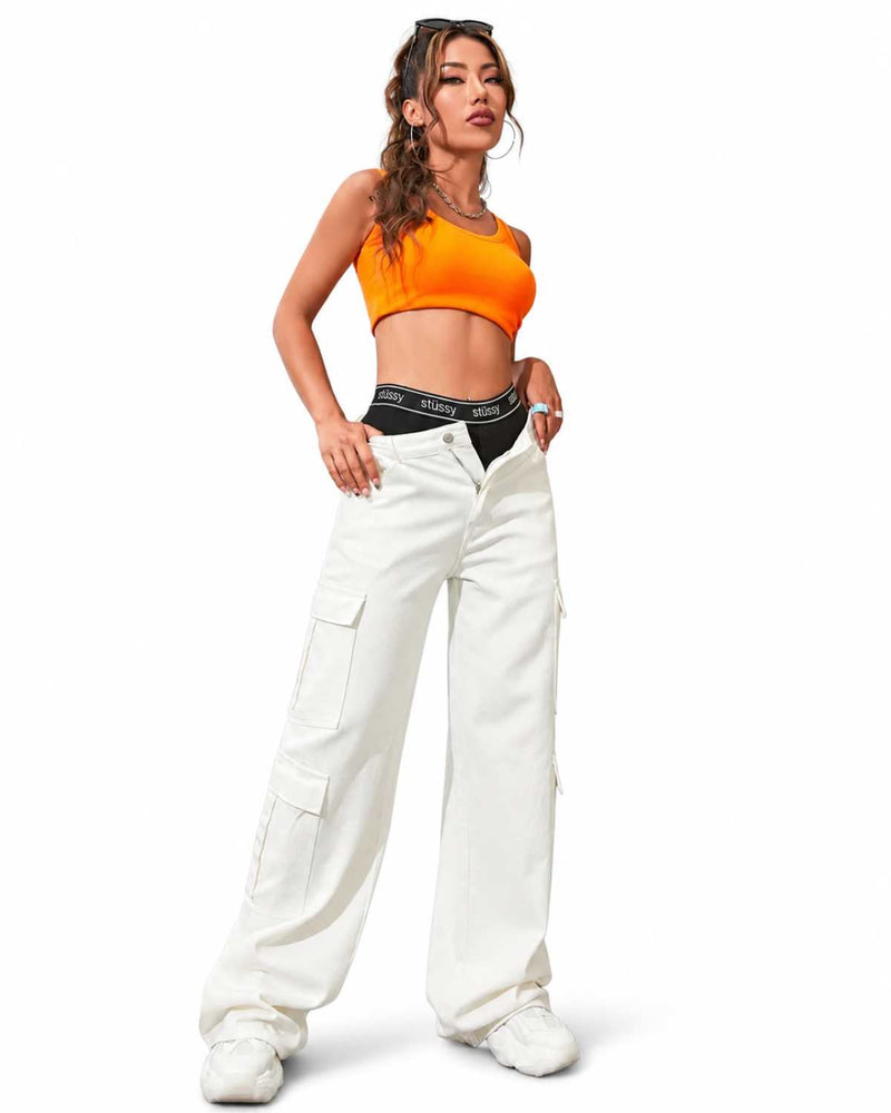 Eizaro White Oversized Cargo Wide Leg Jeans Full Length Street Style Women India