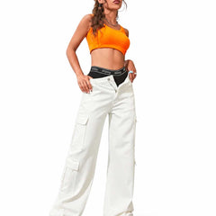 Eizaro White Oversized Cargo Wide Leg Jeans Full Length Street Style Women India