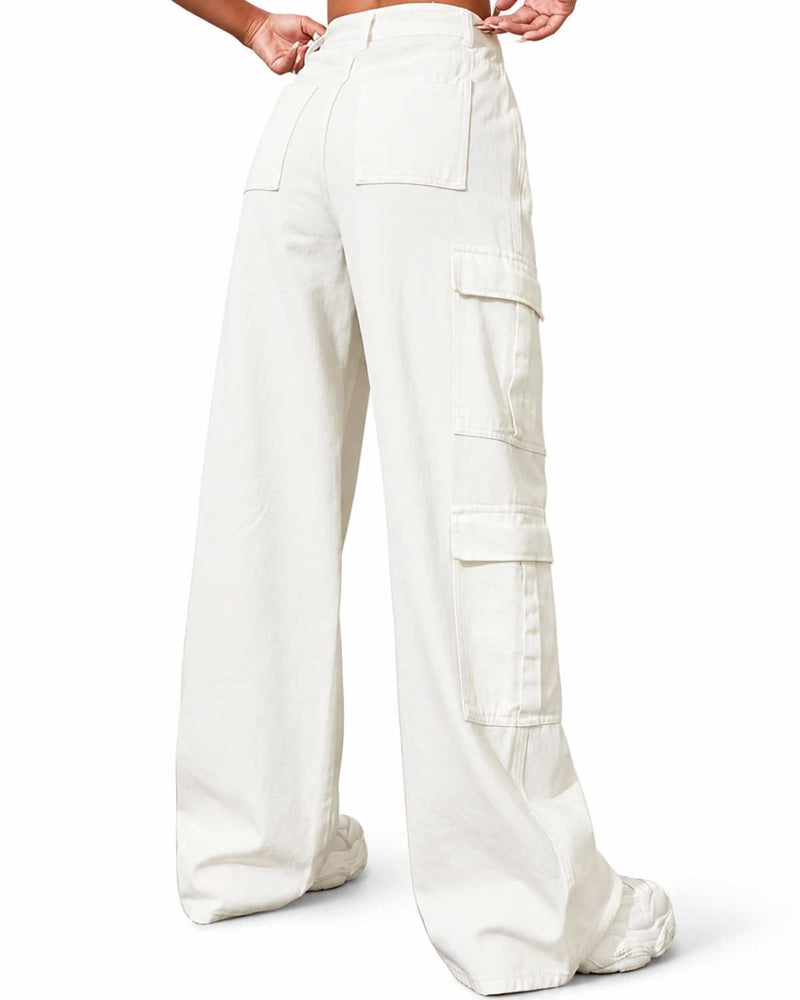 Eizaro White Oversized Cargo Wide Leg Jeans Large Pocket Detail High Waist Women India