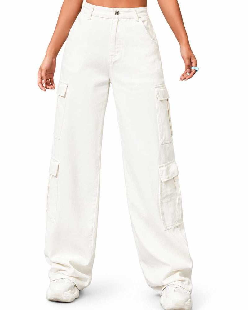 Eizaro White Oversized Cargo Wide Leg Jeans Side Angle Full Length Pure Denim Women India